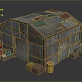 Rustic Metal Shed Structure With Rusted Roof Roll Up Doors And Wooden Crates