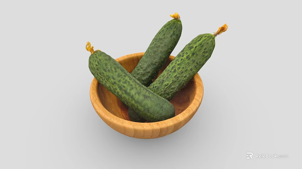 Three Fresh Green Cucumbers Placed in Wooden Bowl as Healthy Vegetables 3d model 