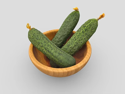 Three Fresh Green Cucumbers Placed in Wooden Bowl as Healthy Vegetables 3d model