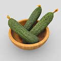 Three Fresh Green Cucumbers Placed in Wooden Bowl as Healthy Vegetables