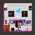 Gaming Room Interior With Multiple Monitor Setup Neon Lights Guitar Speakers And Patterned Rug