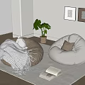 Brown And Beige Bean Bag Chairs With Pillows On Rug Near Potted Plant Wall Art