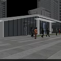 Modern Commercial Street With Glass Facade Buildings And Pedestrians Walking Near High Rise Skyscrapers