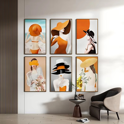 Six Modern Portrait Paintings Featuring Hat Wearing Figures With Orange Yellow Tones And Floral Elements 3d model