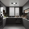 Modern Kitchen Interior Design With Dark Cabinets Window Blinds And Kitchen Appliances