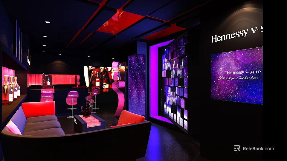 Stylish Hennessey Bar Interior With Purple Pink Lighting Sofa Seats And Bar Counter 3d model 