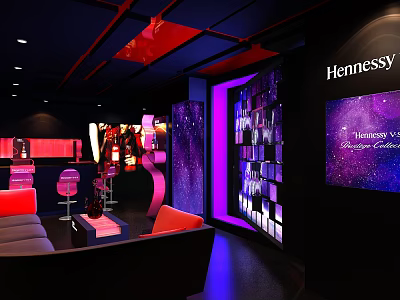 Stylish Hennessey Bar Interior With Purple Pink Lighting Sofa Seats And Bar Counter 3d model
