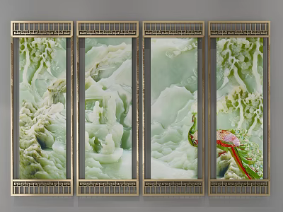 Elegant Room Divider With Green Jade Texture Golden Frame And Peacock Motif 3d model