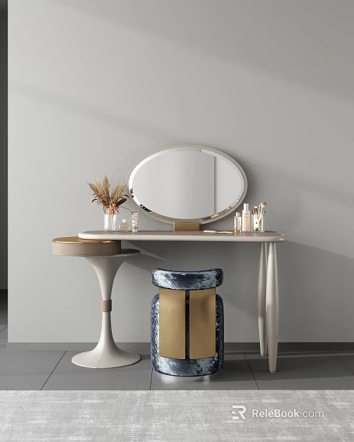 Modern Dressing Table Featuring Oval Mirror Cosmetics and Velvet Stool with Dried Flowers 3d model 