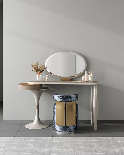 Modern Dressing Table Featuring Oval Mirror Cosmetics and Velvet Stool with Dried Flowers 3d model