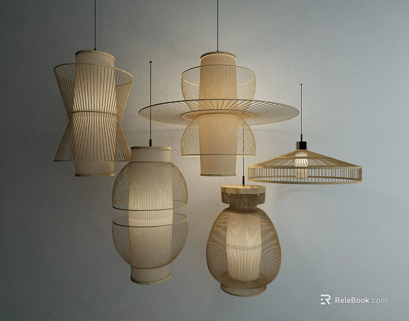Modern Light Colored Rattan Chandeliers With Various Handwoven Designs For Interior Decor 3d model 