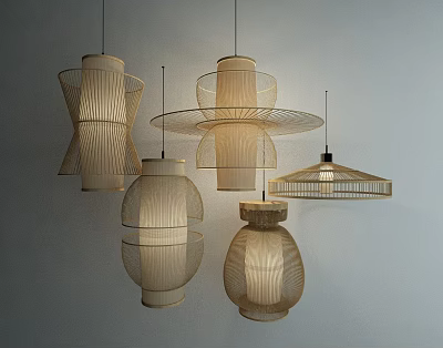 Modern Light Colored Rattan Chandeliers With Various Handwoven Designs For Interior Decor 3d model
