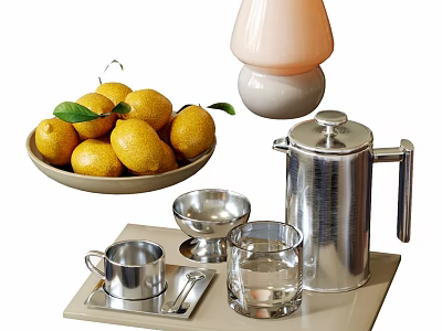 Decorative Ornament Set With Lemon Bowl Table Lamp Silver Coffee Pot Glass Cup And Tray 3d model