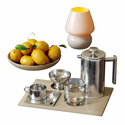Decorative Ornament Set With Lemon Bowl Table Lamp Silver Coffee Pot Glass Cup And Tray 3d model