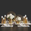 Elegant Dining Table Set With White Flower Bouquets Gold Decorative Items Tableware And Marble Placemats