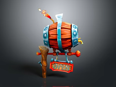 Wooden Barrel Decorative Prop With Metal Hoops Flame Open Sign And Wooden Stand 3d model