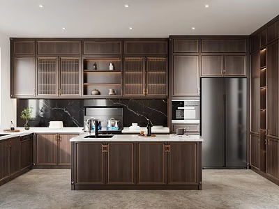 Modern Kitchen Interior With Dark Wood Cabinets Island Counter And Stainless Steel Appliances 3d model