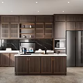 Modern Kitchen Interior With Dark Wood Cabinets Island Counter And Stainless Steel Appliances