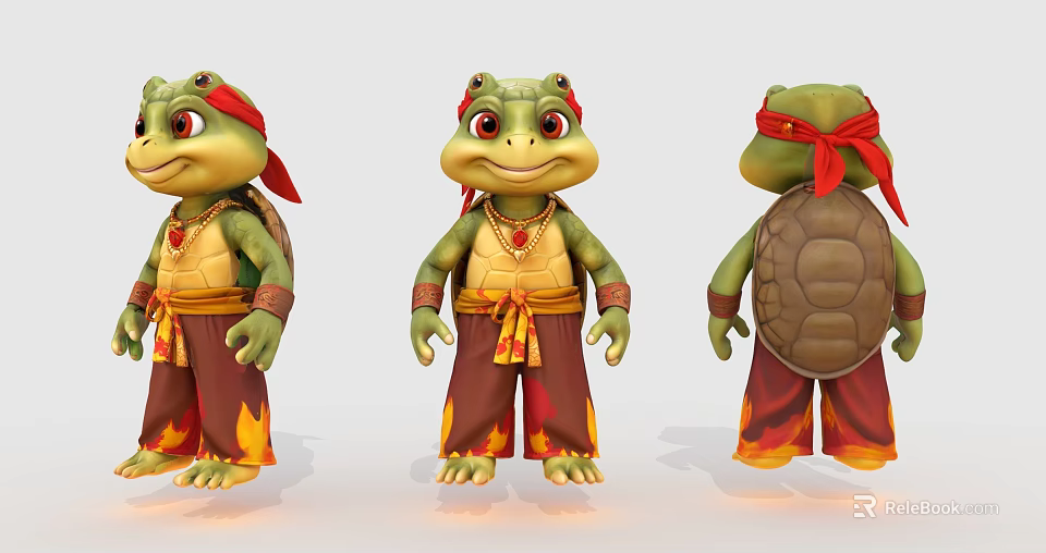 Cartoon Aquatic Turtle Design with Red Headband and Flame Patterned Pants in Different Angles 3d model 