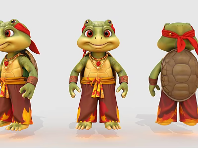 Cartoon Aquatic Turtle Design with Red Headband and Flame Patterned Pants in Different Angles 3d model