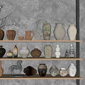 Decorative Ceramic Vessels Displayed On Wooden Shelves With Various Shapes And Textures
