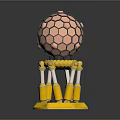 Mechanical Metallic Sphere With Hexagonal Grid And Yellow Support Pillars