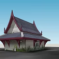 Traditional Thai Style Building Featuring Gabled Roof Gray Tiles Red Accents White Walls Green Plants