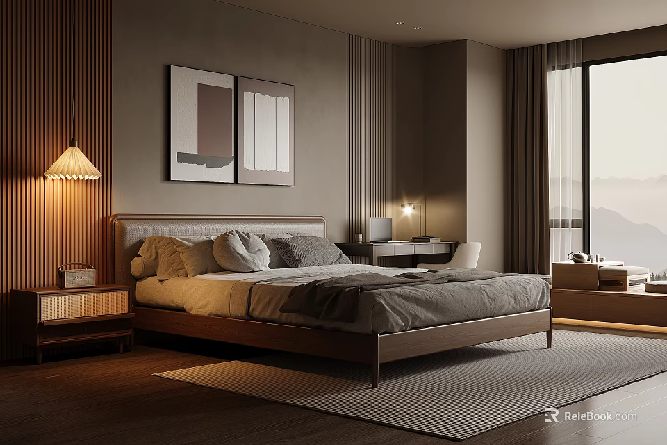 Cozy Modern Bedroom Interior With Large Bed Decorative Paintings Table Lamp And Mountain View Window 3d model 
