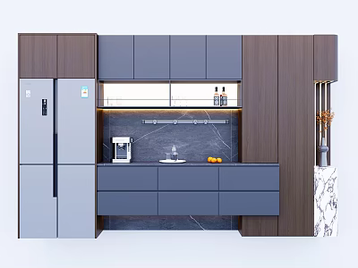 Modern Wine Cabinet Design With Wooden Gray Cabinets And Refrigerator Countertop 3d model