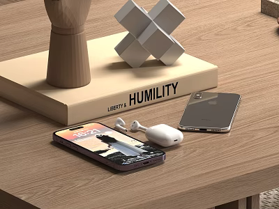 Modern Smartphones And Wireless Earbuds On Wooden Table With Humility Book Decor 3d model