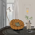 Beige Petal Shaped Single Sofa with Green Cushion White Floor Lamp and Gray Curtains