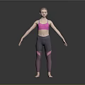 Woman in pink sports bra and grey leggings standing with arms outstretched against grey background