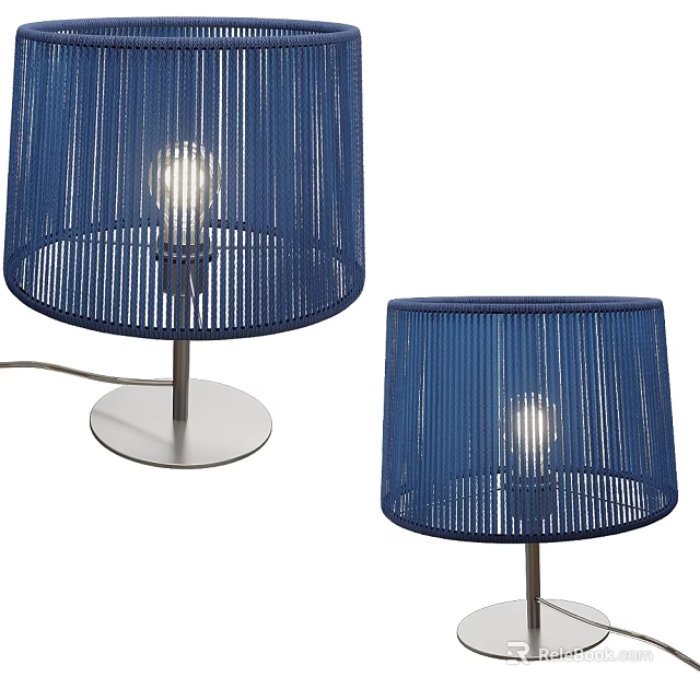 Two Blue Woven Texture Table Lamps With Metal Round Base Illuminated 3d model
