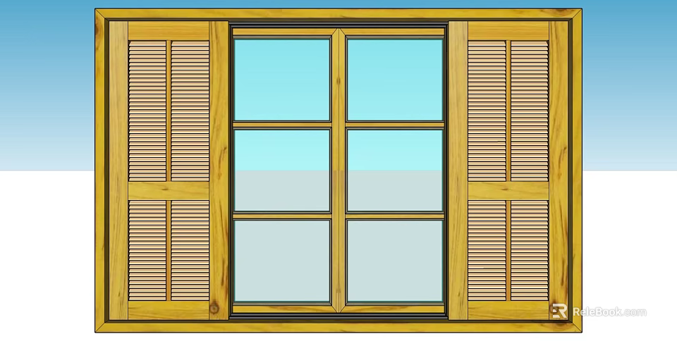 Wooden Wardrobe With Louvered Doors And Glass Panel Yellow Frame Design 3d model 