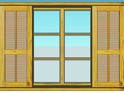 Wooden Wardrobe With Louvered Doors And Glass Panel Yellow Frame Design 3d model