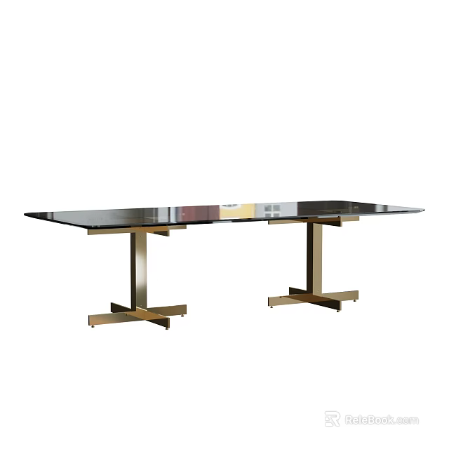 Modern Dining Table With Glass Top And Metal Base Structure Design 3d model 