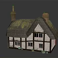 Cartoon House With Thatch Roof Moss Brick Chimneys White Walls Black Windows And Clay Pots