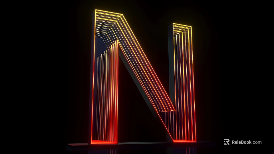 Illuminated 3D Letter N Design With Yellow And Red Neon Lights On Black Background 3d model 