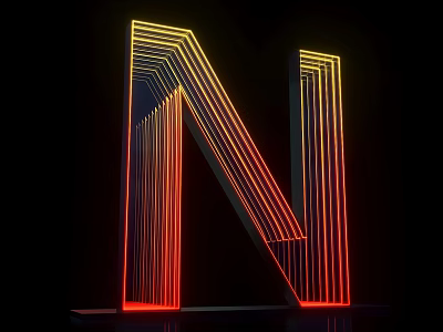 Illuminated 3D Letter N Design With Yellow And Red Neon Lights On Black Background 3d model