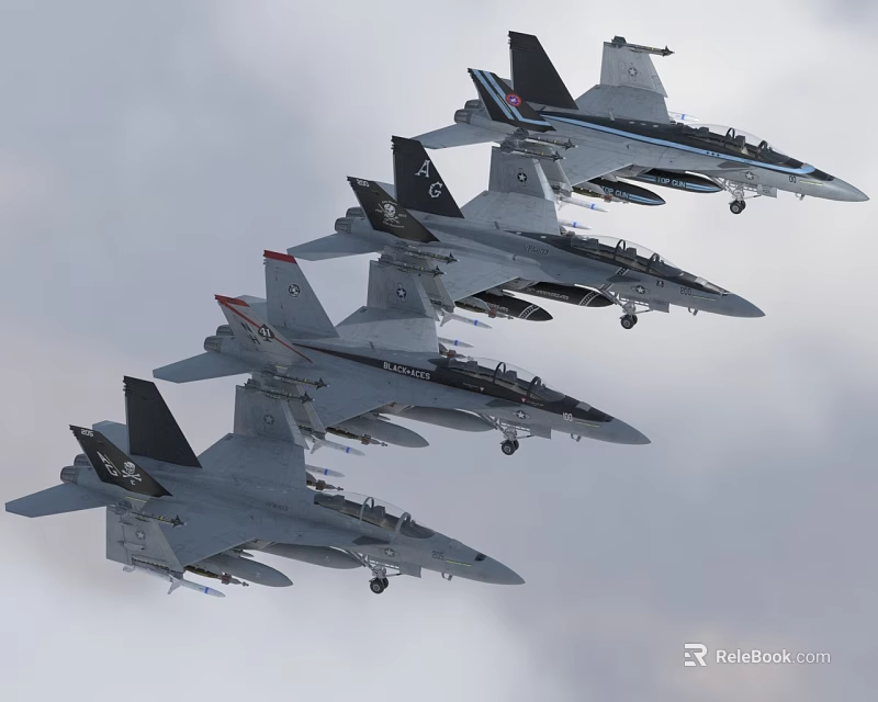Military Fighter Jets Flying In Formation Over Cloudy Sky With Extended Landing Gears 3d model 
