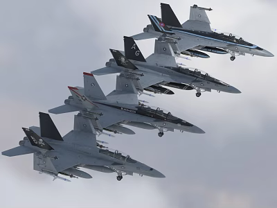 Military Fighter Jets Flying In Formation Over Cloudy Sky With Extended Landing Gears 3d model
