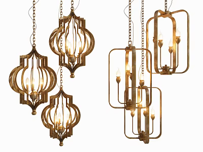 Elegant Modern Brass Chandeliers With Lantern And Geometric Frame Designs 3d model