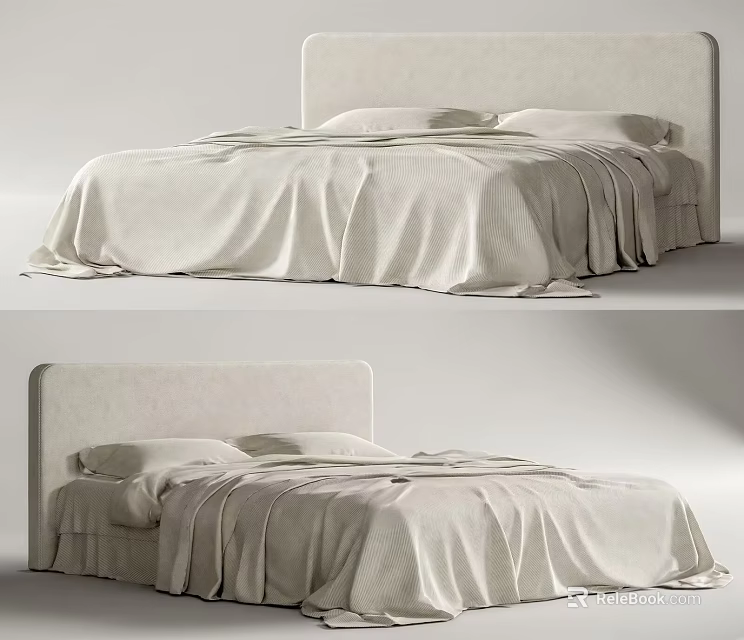 Modern Minimalist Double Bed With Linen Bedding And Upholstered Headboard 3d model 
