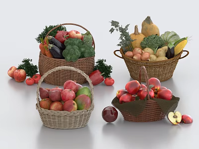 Fresh Fruits In Woven Baskets With Apples Pumpkins And Vegetables Scattered Around 3d model