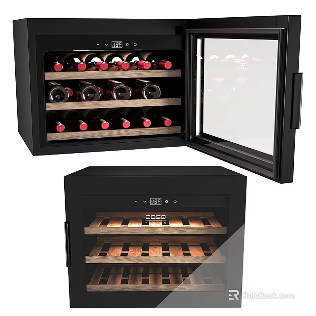 Modern Black Wine Cooler with Glass Door and Wooden Shelves for Wine 3d model 