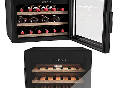 Modern Black Wine Cooler with Glass Door and Wooden Shelves for Wine 3d model