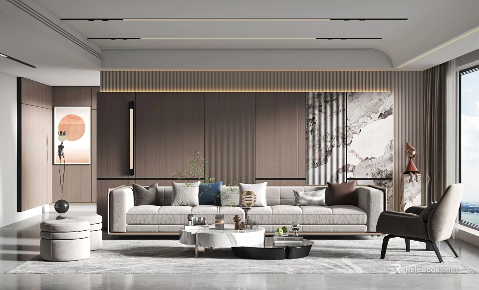 Modern Luxury Living Room Interior With Gray Sofa Marble Coffee Table And Wooden Backdrop 3d model 