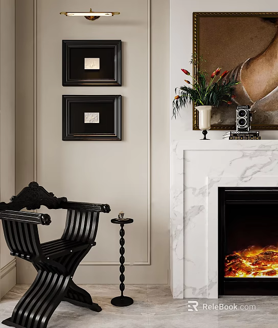 Elegant Living Room With Black Wooden Chair Framed Art And Marble Fireplace 3d model 