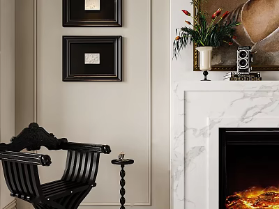 Elegant Living Room With Black Wooden Chair Framed Art And Marble Fireplace 3d model