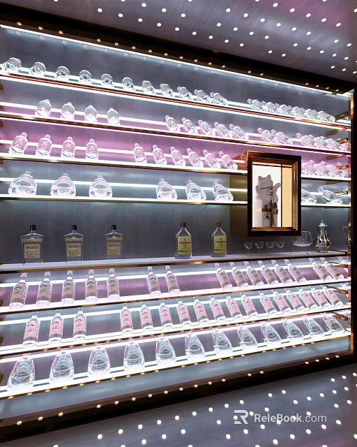 Elegant Wine Cabinet With Illuminated Glass Shelves And Wine Bottles Glassware 3d model 